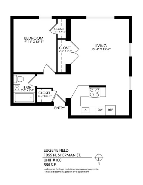 A black and white image of a floor plan for a 555 S F apartment.